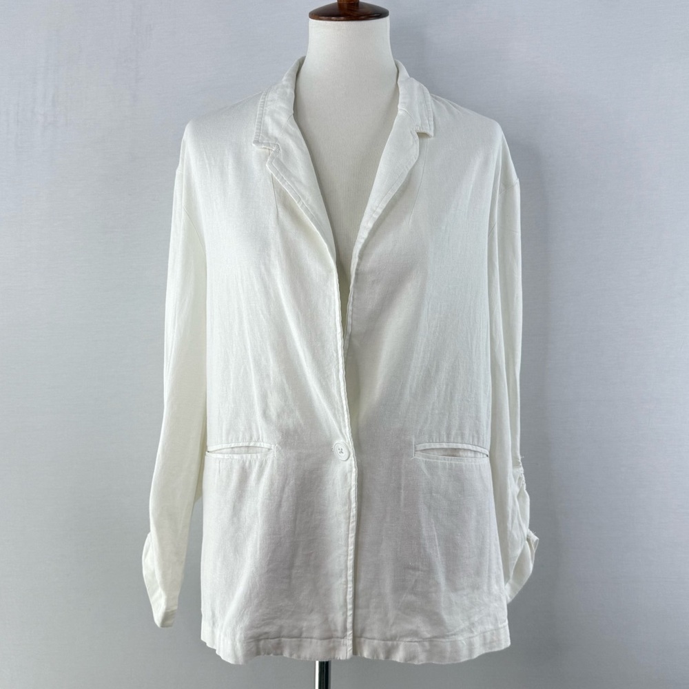 Marc New York White Linen Rouched Sleeve Blazer